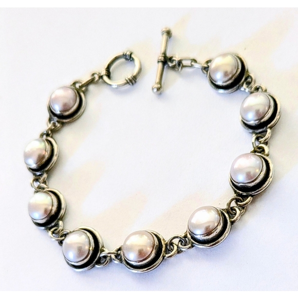 925 Silver 9 Link Pacific Ocean Genuine White Mabe Pearl Sterling Bracelet 7.5" - Picture 7 of 10